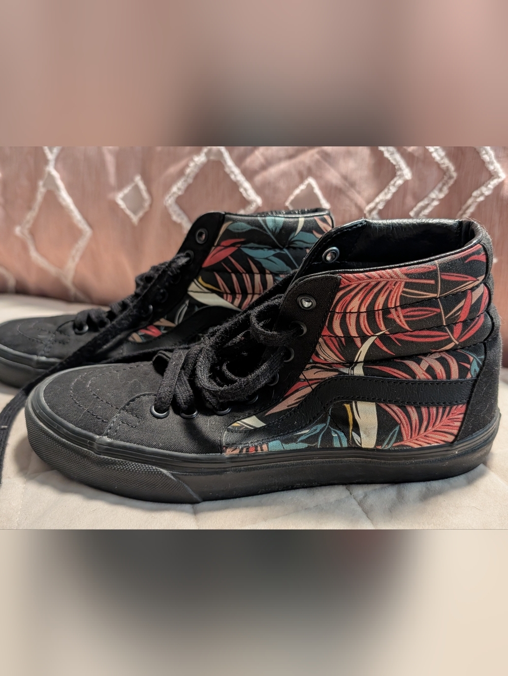 Vans Black High-Top Sneakers with Red & Teal Tropical Print